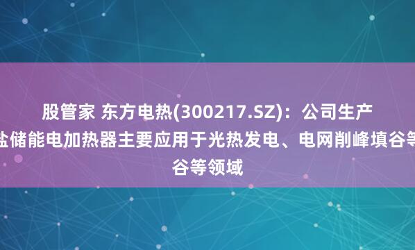 股管家 东方电热(300217.SZ)：公司生产的熔盐储能电加热器主要应用于光热发电、电网削峰填谷等领域